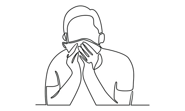 recommend clip art: Continue line of sick young man holding tissue, sneezing into handkerchief, blowing running nose