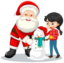 Santa Claus with girl creating snowman on white background