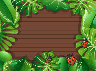 Top view of blank wooden table with leaves elements