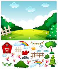 Blank meadow scene with isolated cartoon character and objects