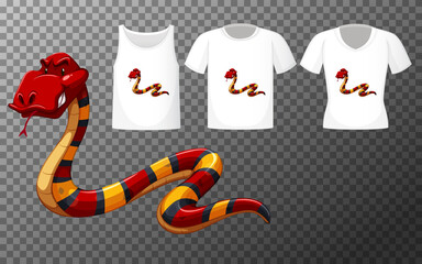 Red snake cartoon character with many types of shirts on transparent background