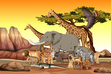 Gruppe wilder afrikanischer Tiere in der Waldszene © blueringmedia