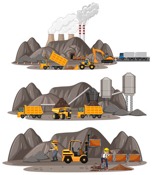 Coal mining scene with different types of construction trucks