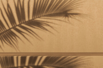 Minimal background for branding and product presentation, sunshade tropical plant shadow on brown cement step.