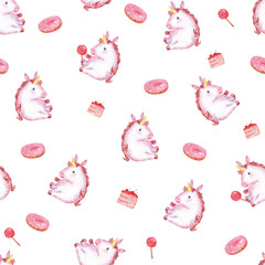 unicorns and sweets seamless pattern, watercolor