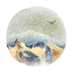 Watercolor mountain illustration. Winter Landscape. 