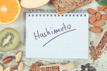 Nutritious ingredients and inscription hashimoto. Healthy food containing vitamins. Problems with thyroid concept
