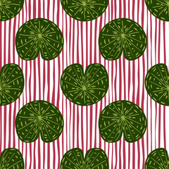 Abstract botany nature seamless pattern with green lily water silhouettes print. Red and white striped background.