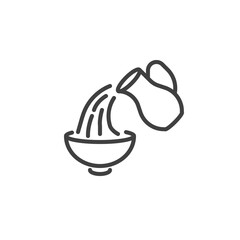 Pouring milk into bowl line icon. Water jug and bowl linear style sign for mobile concept and web design. Cooking and baking instruction outline vector icon. Symbol, logo illustration. Vector graphics