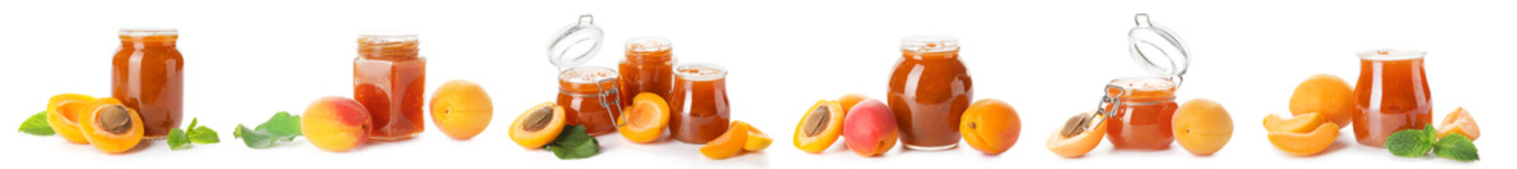 Bowl with tasty apricot jam on white background