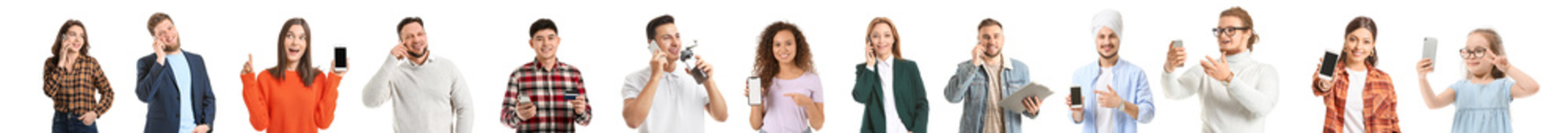 Collage Of Different People Using Mobile Phones On White Background