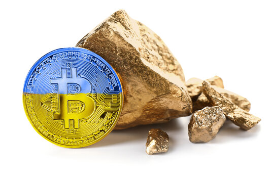 Bitcoin painted in blue-and-yellow colors with gold nuggets on white background