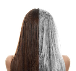 Comparison of woman with young and grey hair on white background, back view
