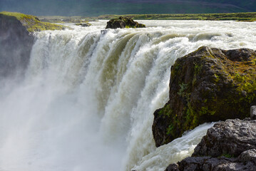 godafoss waterfall close-up on a sunny summer day, Iceland nature