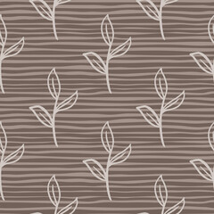 Abstract botanic seamless pattern with contoured leaf branches shapes. Brown striped backround.