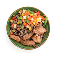 Bowl with tasty soba noodles and meat on white background