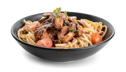 Plate with tasty noodles and meat on white background