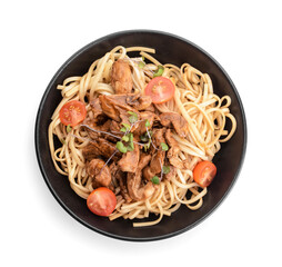 Plate with tasty noodles and meat on white background
