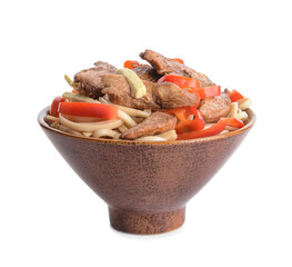 Bowl with tasty noodles and meat on white background