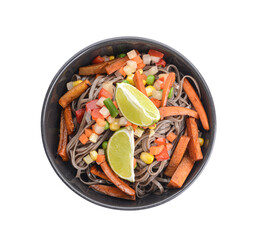 Bowl with tasty soba noodles and vegetables on white background