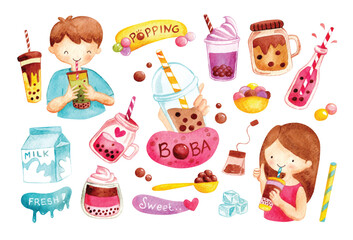 Cute boba drink in watercolor vector style illustration
