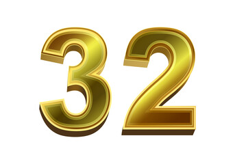 3d golden number 32  isolated on white background