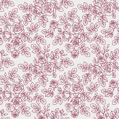 Seamless pattern with abstract garden roses, with buds and leaves silhouette. White background with blossoming outline flowers. Vintage floral hand drawn wallpaper. Vector stock illustration.