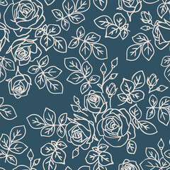 Seamless pattern with abstract garden roses, with buds and leaves silhouette. Blue background with blossoming outline flowers. Vintage floral hand drawn wallpaper. Vector stock illustration.