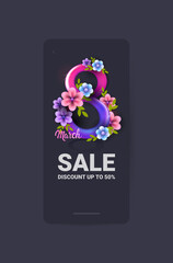 elegant eight number shape womens day 8 march holiday celebration sale banner flyer or greeting card with flowers vertical vector illustration