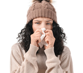 Sick young woman on white background