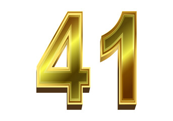 3d golden number 41  isolated on white background
