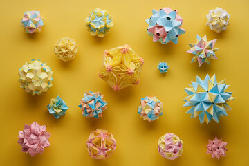 Set of multicolor handmade modular origami balls or Kusudama Isolated on yellow background. Visual art, geometry, art of paper folding, paper crafts. Top view, close up, selective focus, copy space.