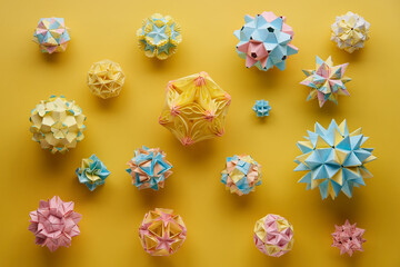 Set of multicolor handmade modular origami balls or Kusudama Isolated on yellow background. Visual...
