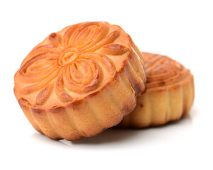 Mooncake and tea,Chinese mid autumn festival food on white background