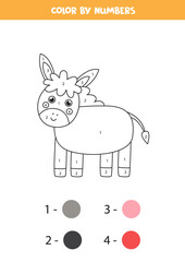 Color cute donkey by numbers. Farm animal worksheet.