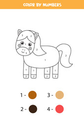 Color cute horse by numbers. Farm animal worksheet.