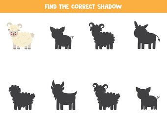 Fototapeta premium Find the correct shadow of farm sheep. Logical puzzle for kids.