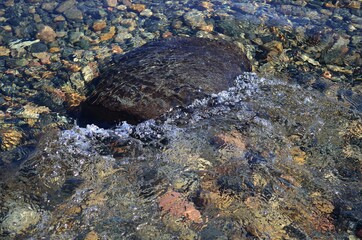 beautiful ripples on river flow over colorful stones in summer sunshine