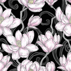 Seamless pattern with magnolias. Floral illustration . Hand drawing. Design wallpaper, fabric and packaging.