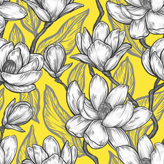 Seamless pattern with magnolias. Floral illustration . Hand drawing. Design wallpaper, fabric and packaging.