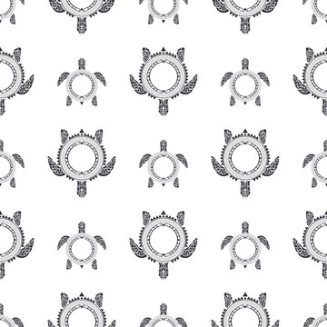 Seamless pattern with Maori sea turtles pattern. Polynesian tribal pattern. Seamless vector background.