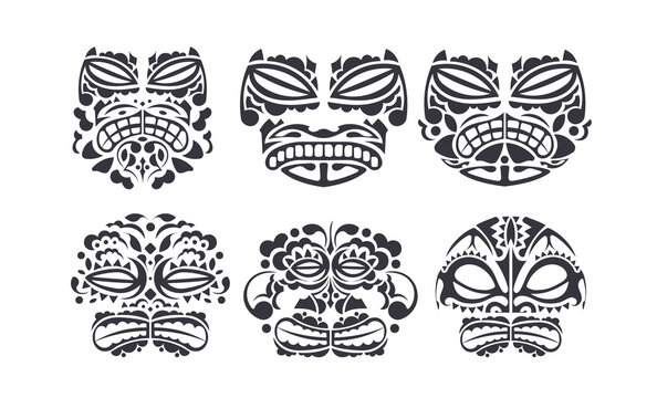 Large Set of Masks with Pattern of Maori and Polynesian culture. Face Tribal Polynesian tattoo style. Handmade. Vector illustration.