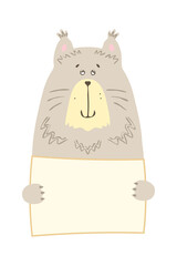 Cute cartoon animal holding tag sign with copy space. set greeting card banner invitation flyer brochure. cartoon hand drawn style. Little pets with blank marksign information plate