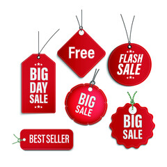  tags and labels, template shopping labels. Blank, discount and price tags on red paper use for advertising.