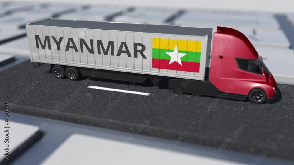 Poster truck with flag of myanmar moves on the keyboard key. export or import related looping 3d animation