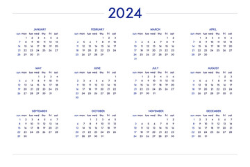 2024 calendar set in classic strict style. wall table calendar schedule, minimal restrained business design for notebook and planner. Week starts on sunday