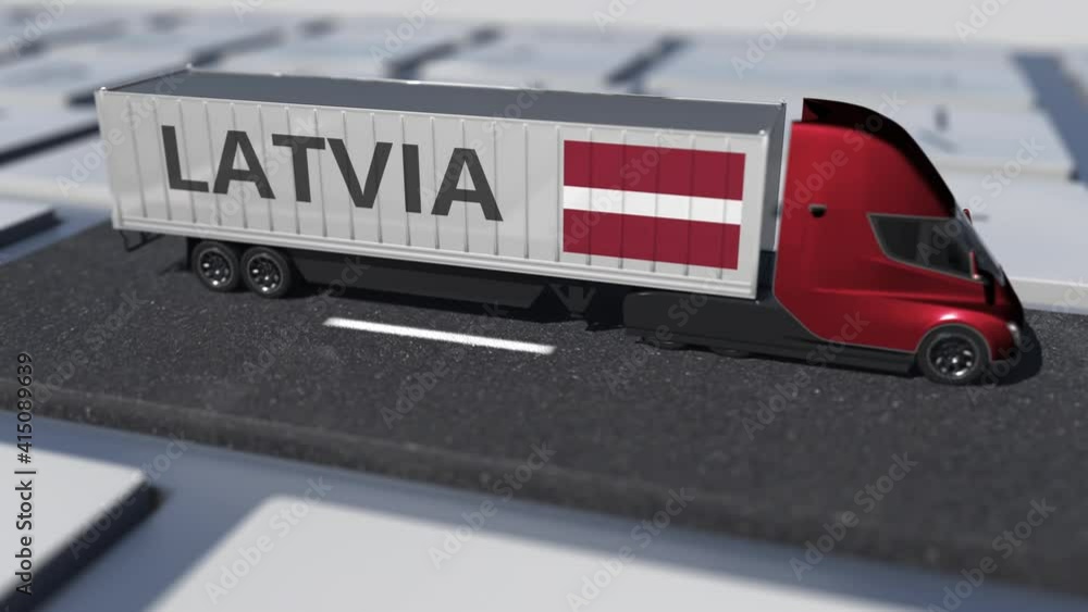 Aufkleber truck with flag of latvia moves on the keyboard key. export or import related looping 3d animation