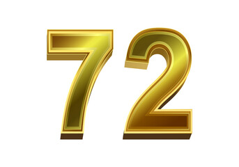 3d golden number 72  isolated on white background