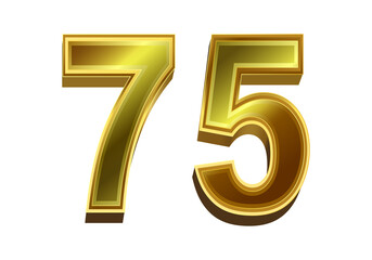 3d golden number 75  isolated on white background