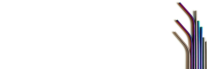 several reusable metal stainless steel drinking straws on a white background. space for text. banner